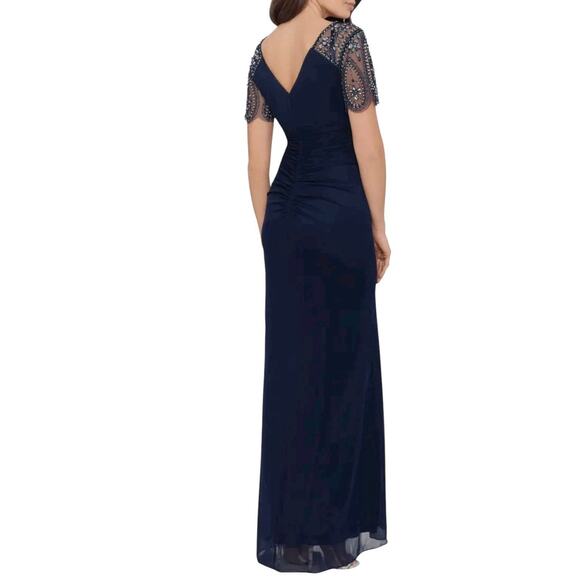 Xscape Dress Navy Blue Long Beaded Ruffle Wedding Cruise Formal Size 12 NWT - Picture 2 of 6
